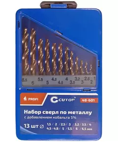 Набор сверл по металлу Profi 1.5-6.5мм (через 0.5мм + 32мм; 48мм) с кобальтом 5проц. в метал. коробке (13шт) Cutop 48-601