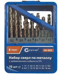 Набор сверл по металлу Profi 1-10мм (через 0.5мм) с кобальтом 5проц. в метал. коробке (19шт) Cutop 48-602