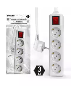 Удлинитель 4х3м с заземл. с выкл. 10А 3х1.5 TOKOV LIGHT TKL-C01-BU4-3-1.5-ZV