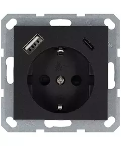 Розетка Shuko 16А с заземл. защ. шторки с 2-мя заряд. устройствами USB тип A+C 25Вт механизм антрацит Jasmart G5501USB-25B