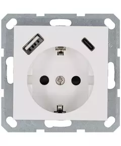 Розетка Shuko 16А с заземл. защ. шторки с 2-мя заряд. устройствами USB тип A+C 25Вт механизм бел. глянцевый Jasmart G5501USB-25W