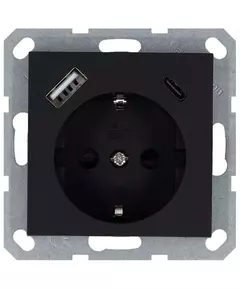 Розетка Shuko 16А с заземл. защ. шторки с 2-мя заряд. устройствами USB тип A+C 25Вт механизм черн. матов. soft touch Jasmart G5501USB-25PB