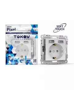 Розетка 1-м СП Pixel IP20 с заземл. с 2-мя заряд. устр. USB тип A+A механизм айс TOKOV ELECTRIC TKE-PX-R1U2A-C34