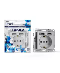 Розетка 1-м СП Pixel с заземл. с 2-мя заряд. устр. USB тип A+A механизм алюм. TOKOV ELECTRIC TKE-PX-R1U2A-C03