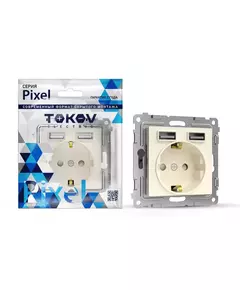 Розетка 1-м СП Pixel с заземл. с 2-мя заряд. устр. USB тип A+A механизм беж. TOKOV ELECTRIC TKE-PX-R1U2A-C02