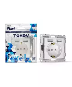 Розетка 1-м СП Pixel IP20 с заземл. с 2-мя заряд. устр. USB тип A+A механизм бел. TOKOV ELECTRIC TKE-PX-R1U2A-C01