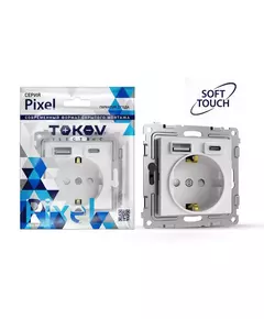 Розетка 1-м СП Pixel IP20 с заземл. с 2-мя заряд. устр. USB тип A+C механизм айс TOKOV ELECTRIC TKE-PX-R1U2AC-C34