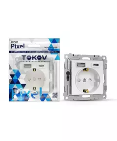 Розетка 1-м СП Pixel IP20 с заземл. с 2-мя заряд. устр. USB тип A+C механизм бел. TOKOV ELECTRIC TKE-PX-R1U2AC-C01