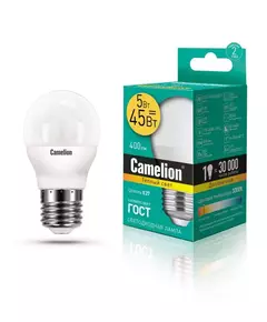 Лампа светодиодная LED5-G45/830/E27 5Вт шар 3000К тепл. бел. E27 390лм 220-240В Camelion 12028