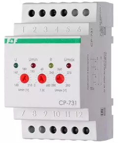Реле напряжения CP-731 (трехфазный; микропроцессорный; контроль верхнего и нижнего значений напряжения; контроль асимметрии; чередования фаз; монтаж на DIN-рейке 35мм 3х400/230+N 2х8А 1Z 1R IP20) F&F EA04.009.005