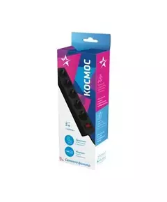 Удлинитель с сетевым фильтром 5х5м с заземл. 10А IP20 2.2кВт 3х0.75 индикатор сети черн. Космос FKsm5m-5g(B)