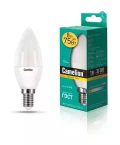 Лампа светодиодная LED8-C35/830/E14 8Вт свеча 3000К тепл. бел. E14 720лм 170-265В Camelion 12385