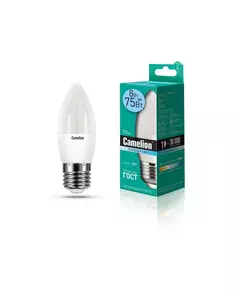 Лампа светодиодная LED8-C35/845/E27 8Вт свеча 4500К бел. E27 750лм 170-265В Camelion 12390