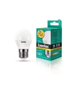 Лампа светодиодная LED8-G45/830/E27 8Вт шар 3000К тепл. бел. E27 720лм 170-265В Camelion 12392