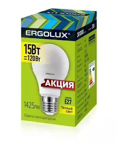 Лампа светодиодная LED-A60-15W-E27-3K ЛОН 15Вт E27 3000К 220-240В ПРОМО Ergolux 14308