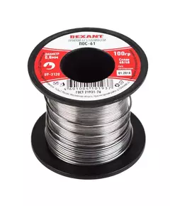 Припой катушка ПОС-61 без канифоли (d0.8мм 100гр) Rexant 09-3120