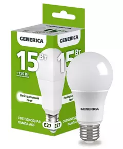 Лампа светодиодная A60 15Вт грушевидная 4000К E27 230В GENERICA LL-A60-15-230-40-E27-G