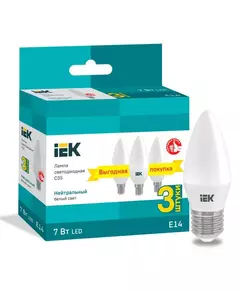 Лампа светодиодная 7Вт C35 свеча 4000К нейтр. бел. E14 230В (уп.3шт) IEK LLE-C35-07-230-40-E14-3