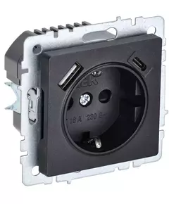Розетка BRITE РЮш11-1-БрЧ 16А с USB A+C 18Вт с заземл. защ. шторки черн. IEK BR-R14-16-U22-018-K02