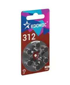 Батарейка воздушно-цинковая для слухового аппарата ZA312 (312 PR41 DA312 V312A) 1.45В (уп.6шт) КОСМОС KOCZA-312BL6