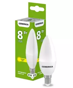 Лампа светодиодная C35 8Вт свеча 3000К E14 230В GENERICA LL-C35-08-230-30-E14-G