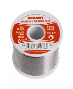Припой с канифолью 1000гр. d=1.0 мм (Sn60 Pb40 Fluх 2.2%) Rexant 09-3413