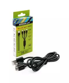 Кабель USB ELX-CDC05-C02 3в1- Micro USB-Lightning-Type C 3А 1.2м зарядка коробка черн. ERGOLUX 15099