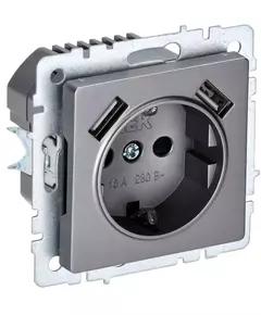 Розетка BRITE РЮш10-1-БрС 16А с USB A+A 2.1А с заземл. защ. шторки сталь IEK BR-R14-16-U21-D21-K46