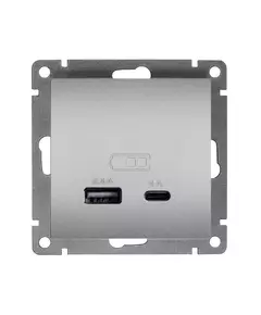 Розетка 2-м USB СП Афина тип А+С 5В 1х2.4А 2х4А механизм серебро Universal А0059-S