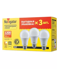 Лампа светодиодная 95 318 NLL-A60-13-230-2.7K-E27-PACK3 NAVIGATOR 95318