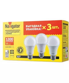 Лампа светодиодная 95 319 NLL-A60-13-230-4K-E27-PACK3 NAVIGATOR 95319