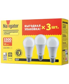Лампа светодиодная 95 321 NLL-A60-15-230-4K-E27-PACK3 NAVIGATOR 95321