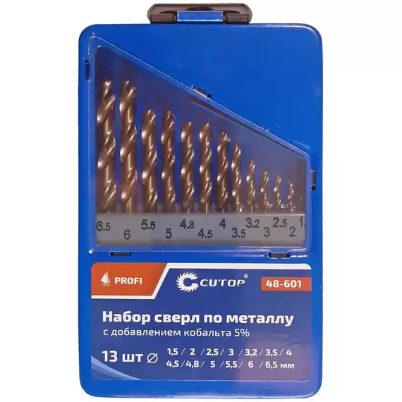 Набор сверл по металлу Profi 1.5-6.5мм (через 0.5мм + 32мм; 48мм) с кобальтом 5проц. в метал. коробке (13шт) Cutop 48-601
