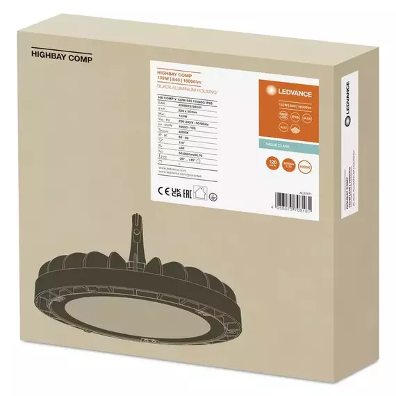 Светильник светодиодный HIGH BAY COMPACT ДСП 133Вт 6500К 16000лм IP65 черн. хайбей темперир. стекло LEDVANCE 4058075764453, изображение 2