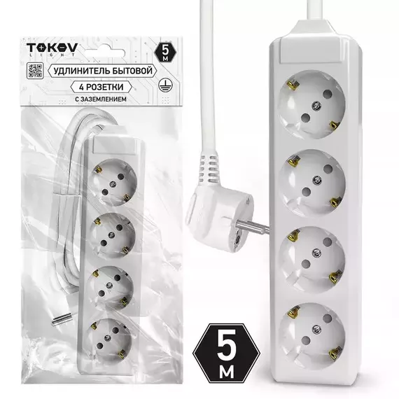 Удлинитель 4х5м с заземл. 10А 3х1.5 TOKOV LIGHT TKL-C01-BU4-5-1.5-Z