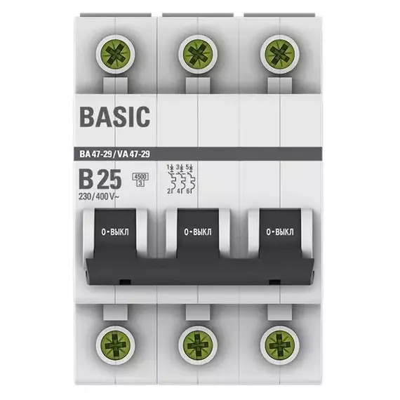 Выключатель автоматический модульный 3п B 25А 4.5кА ВА 47-29 Basic EKF mcb4729-3-25-B, изображение 2