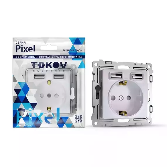 Розетка 1-м СП Pixel IP20 с заземл. с 2-мя заряд. устр. USB тип A+A механизм перламутр. TOKOV ELECTRIC TKE-PX-R1U2A-C04