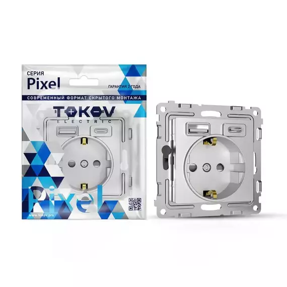 Розетка 1-м СП Pixel IP20 с заземл. с 2-мя заряд. устр. USB тип A+C механизм алюм. TOKOV ELECTRIC TKE-PX-R1U2AC-C03