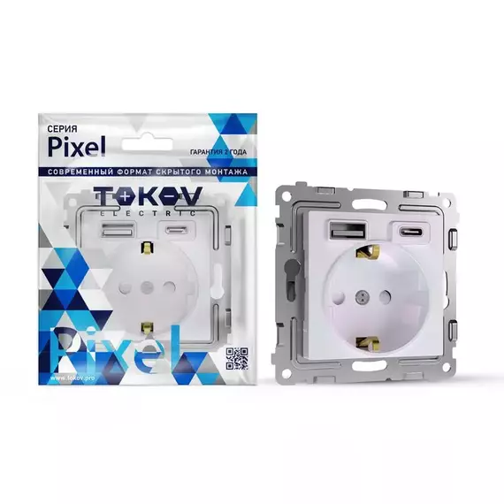 Розетка 1-м СП Pixel IP20 с заземл. с 2-мя заряд. устр. USB тип A+C механизм перламутр. TOKOV ELECTRIC TKE-PX-R1U2AC-C04