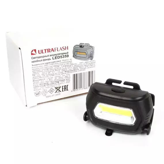 Фонарь аккумуляторный налобный LED5359 COB 3Вт 3 режима аккум. 5В пластик. черн. (бокс) Ultraflash 13803, изображение 6