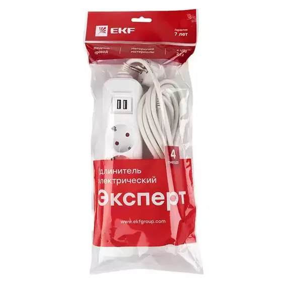 Удлинитель 4х2м 16А IP20 Эксперт 3.5кВт 2хUSB 2.1А ПВС 3х1 PROxima EKF UBA16-2USB-4-02i, изображение 3