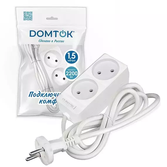 Удлинитель 2х1.5м без заземл. 10А IP20 2.2кВт ПВС 2х1 бел. DOMTOK 2344, изображение 2