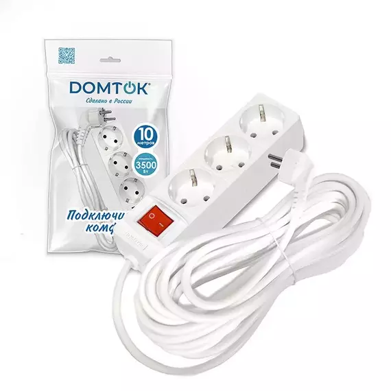 Удлинитель 3х10м с заземл. 16А IP20 3.5кВт ПВС 3х1 с выкл. бел. DOMTOK 2380, изображение 2