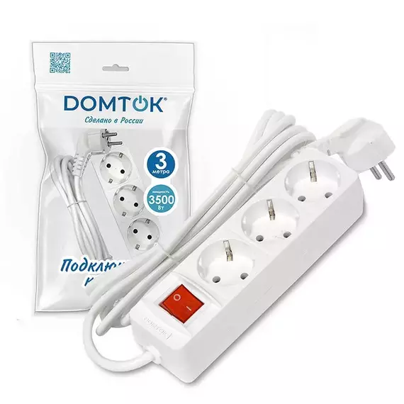 Удлинитель 3х3м с заземл. 16А IP20 3.5кВт ПВС 3х1 с выкл. бел. DOMTOK 2381, изображение 2