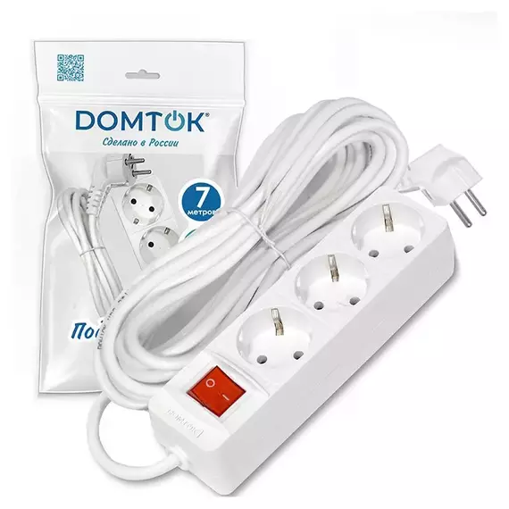 Удлинитель 3х7м с заземл. 16А IP20 3.5кВт ПВС 3х1 с выкл. бел. DOMTOK 2383, изображение 2