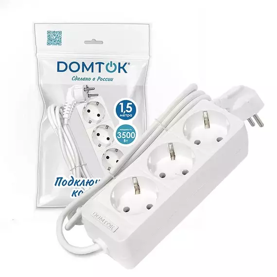 Удлинитель 3х1.5м с заземл. 16А IP20 3.5кВт ПВС 3х1 бел. DOMTOK 2389, изображение 2