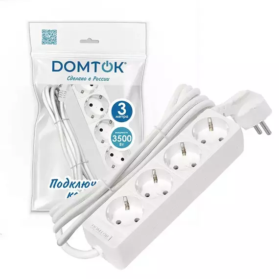 Удлинитель 4х3м с заземл. 16А IP20 3.5кВт ПВС 3х1 бел. DOMTOK 2396, изображение 2