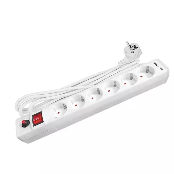 Удлинитель с сетевым фильтром 6х5м с заземл. 10А IP20 2.2кВт USB type-A + type-C ПВС 3х0.75 с выкл. бел. UNIVersal 2545