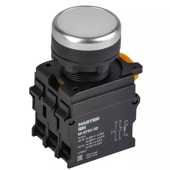 Кнопка d22мм 1НО+1НЗ MASTER с подсветкой бел. IEK MI-BT60-11D-3-12-K01
