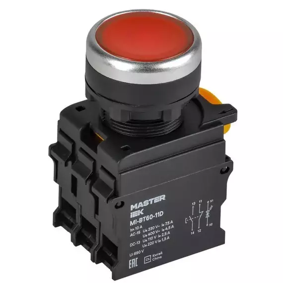 Кнопка d22мм 1НО+1НЗ MASTER с подсветкой красн. IEK MI-BT60-11D-3-12-K04